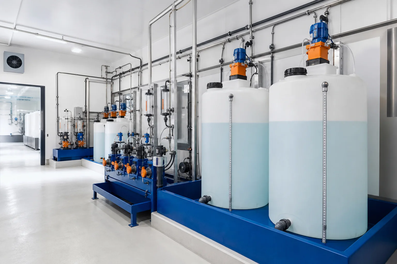 Polymer day tanks and calibrated metering pumps in a drinking-water treatment dosing room