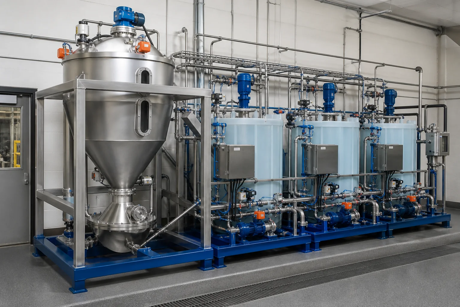 Automatic dry polyacrylamide make-down system with wetting, aging and metering stages