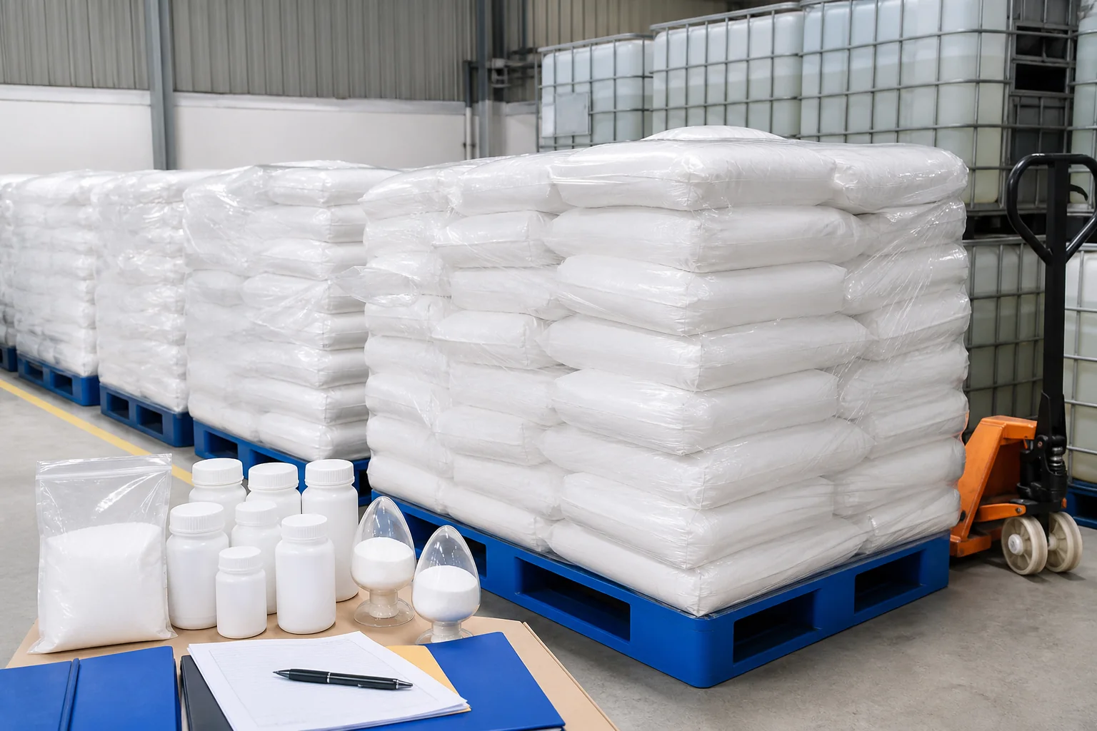 Sealed polyacrylamide powder bags, retained samples and receiving records in dry warehouse storage