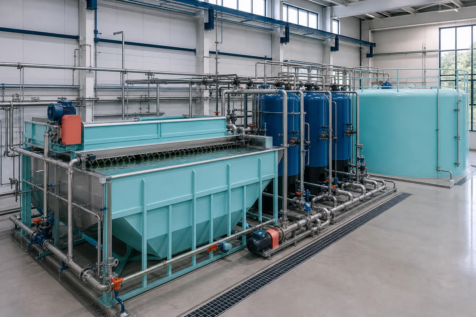 Industrial process-water recycling train with clarification, filtration and clear-water storage