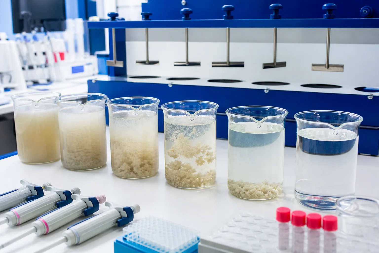Six-beaker water treatment jar test comparing floc formation and clarified-water turbidity